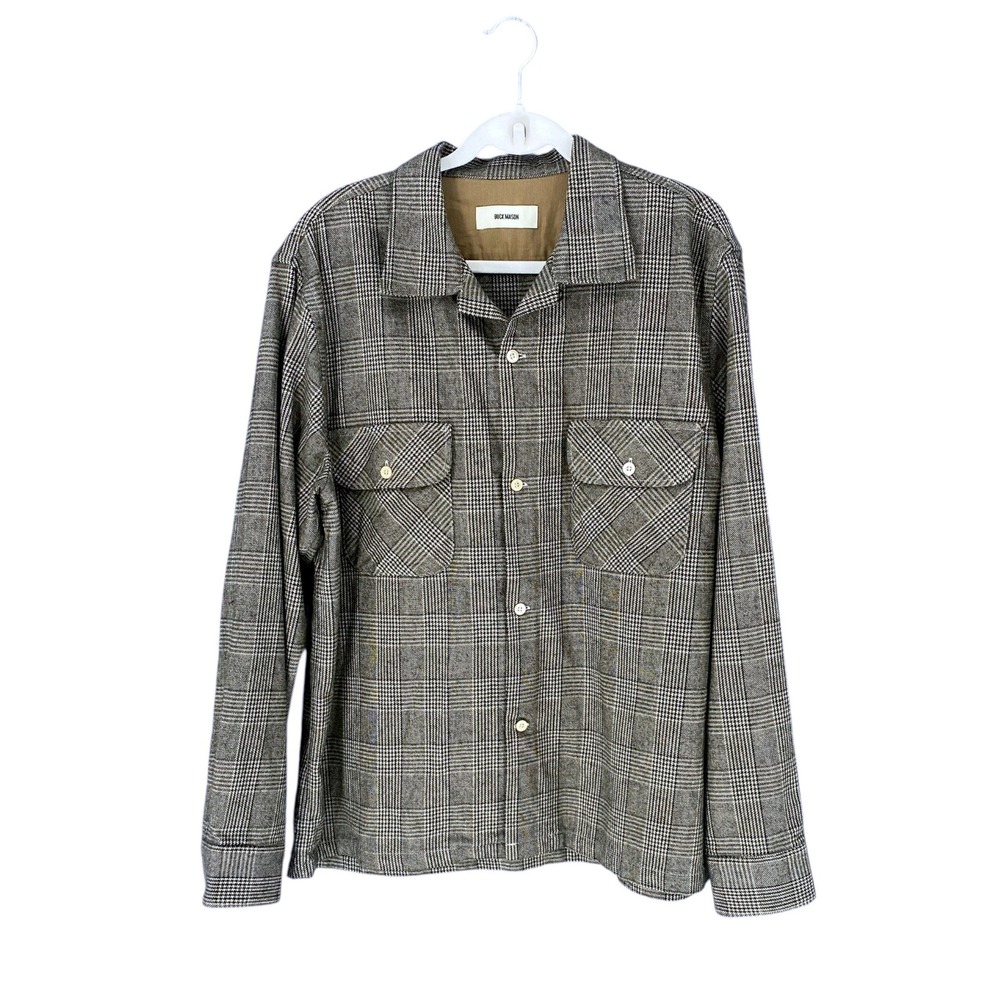 Buck Mason Mens XL Glen Plaid Cotton Wool Shacket Shirt Jacket Brown Grey